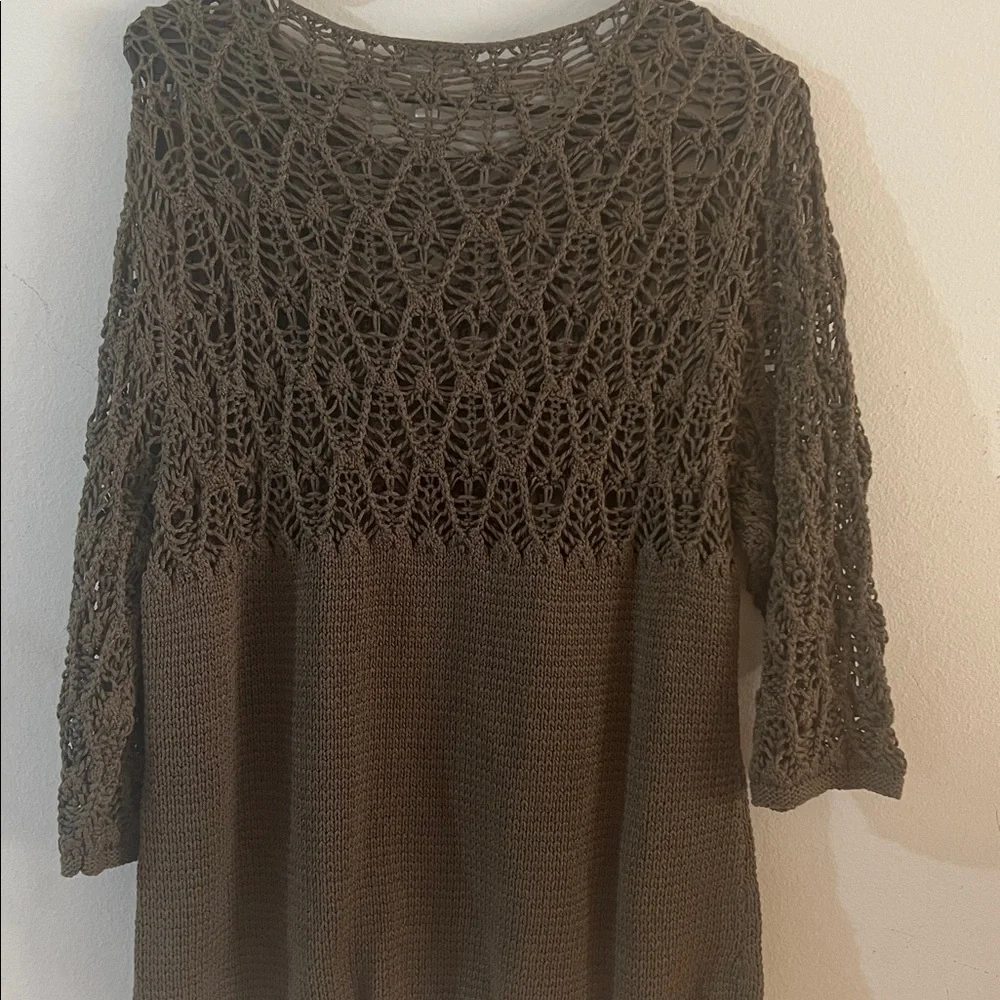 Chico's Olive Green Crochet Yoke Scoop Neck Sweater